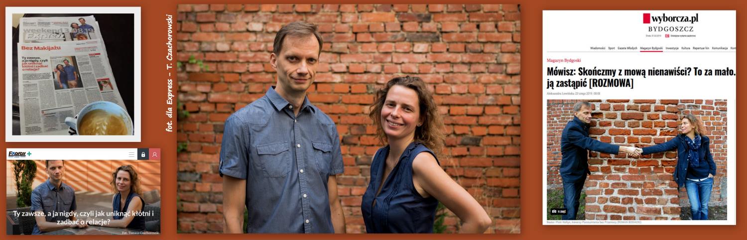 Beata i Piotr Hołtyń stoją razem na tle muru